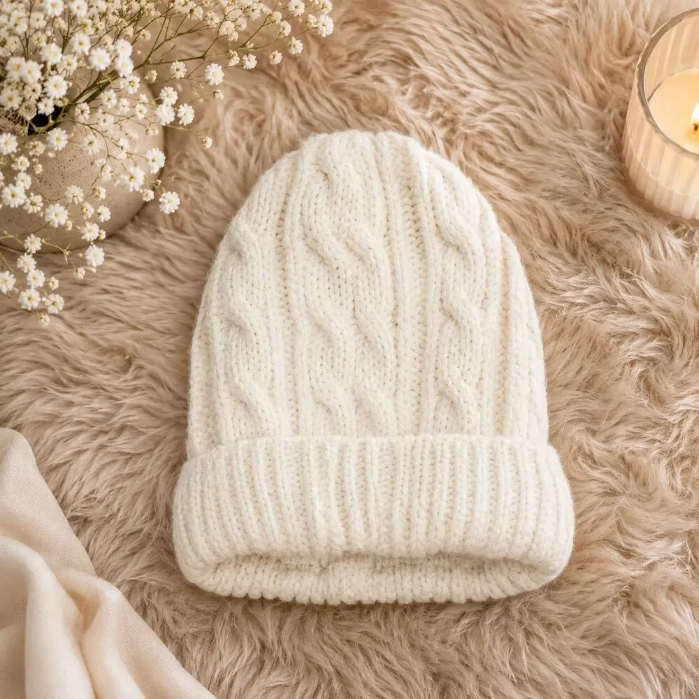 The Children's Place Baby Girl Cream Ivory Cable Knit Beanie Hat Hearts 18-24